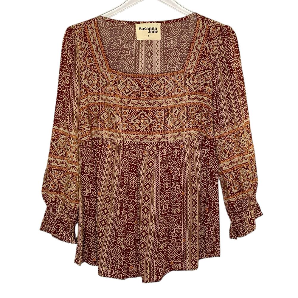 Savannah Jane S Aztec Embroidered Babydoll Top Wine Boho Hippie Natural